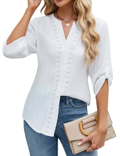 Blooming Jelly Womens Button Down Shirts Lace Crochet Work Blouses Business Casual Tops 2024 (X-Large, White)