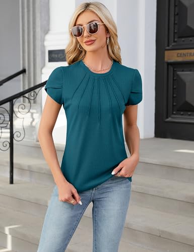 Blooming Jelly Womens Dressy Casual Blouses Business Short Sleeve T Shirts Crewneck Work Tops Pleated Waffle Kint Summer Tee Dark Cyan