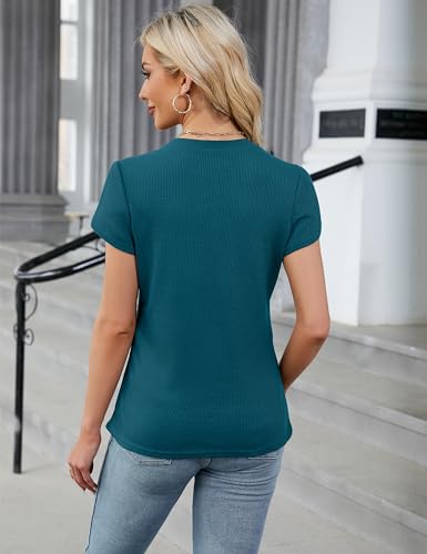 Blooming Jelly Womens Dressy Casual Blouses Business Short Sleeve T Shirts Crewneck Work Tops Pleated Waffle Kint Summer Tee Dark Cyan