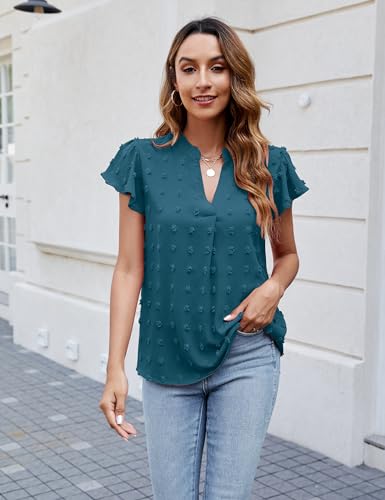 Blooming Jelly Womens White Blouse V Neck Ruffle Sleeve Flowy Shirts Dressy Casual Cute Summer Tops