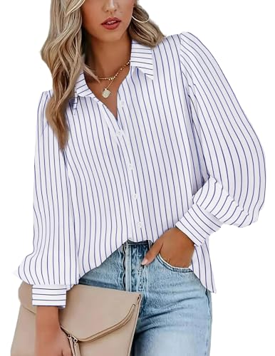Zeagoo Womens Button Down Shirts Striped Lantern Long Sleeves Shirt Oversized V Neck Blouses Tops