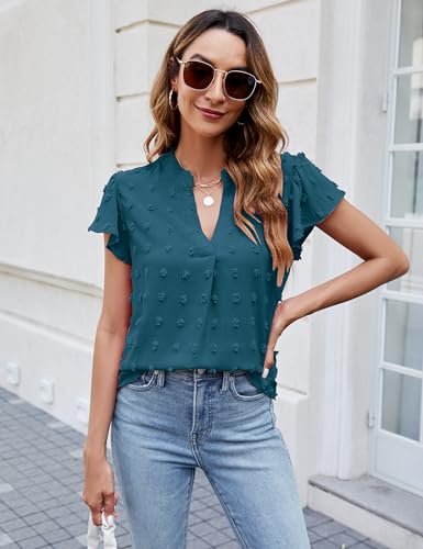 Blooming Jelly Womens White Blouse V Neck Ruffle Sleeve Flowy Shirts Dressy Casual Cute Summer Tops
