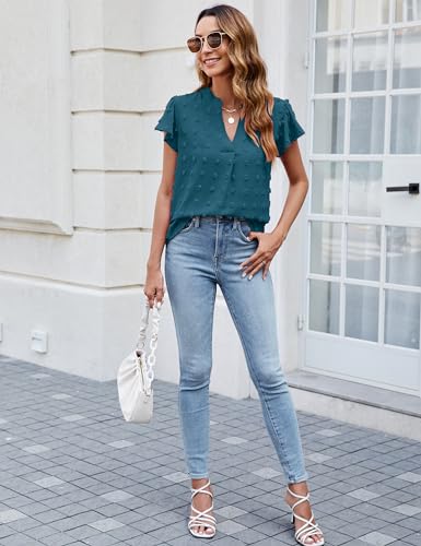 Blooming Jelly Womens White Blouse V Neck Ruffle Sleeve Flowy Shirts Dressy Casual Cute Summer Tops