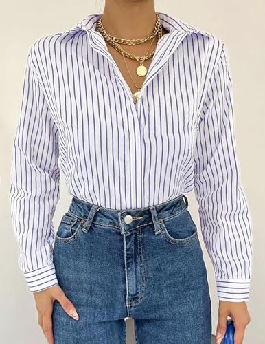 Zeagoo Womens Button Down Shirts Striped Lantern Long Sleeves Shirt Oversized V Neck Blouses Tops
