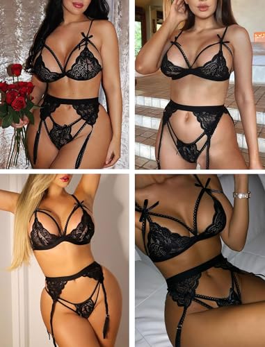 Avidlove Women Sexy Lingerie Garter Belt Strap Bra and Panty Babydoll Bodysuit Black Medium