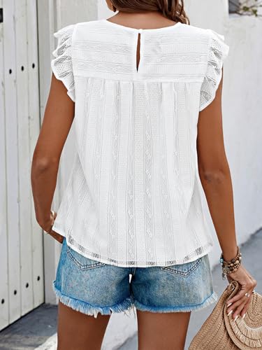 PRETTYGARDEN Women's 2024 Spring Casual Tank Tops Round Neck Ruffle Sleeveless Summer Going Out Top Eyelet Embroidery Blouse Shirt (White, Large)