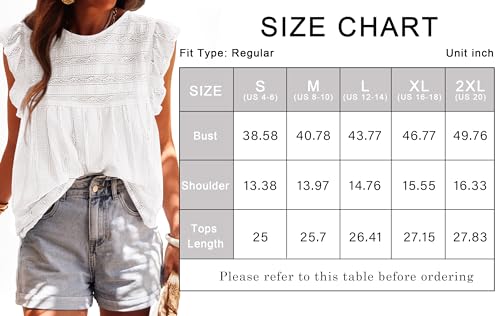PRETTYGARDEN Women's 2024 Spring Casual Tank Tops Round Neck Ruffle Sleeveless Summer Going Out Top Eyelet Embroidery Blouse Shirt (White, Large)