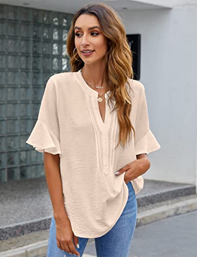 BMJL Womens White Blouses Chiffon Ruffle Short Sleeve V Neck Business Casual Tops Summer Cute Shirt Apricot