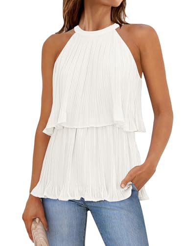 ZESICA Women's 2024 Summer Halter Tank Tops Casual Sleeveless Ruffle Tiered Layered Chiffon Flowy Blouse Shirts,White,X-Large