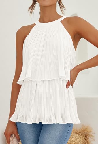 ZESICA Women's 2024 Summer Halter Tank Tops Casual Sleeveless Ruffle Tiered Layered Chiffon Flowy Blouse Shirts,White,X-Large