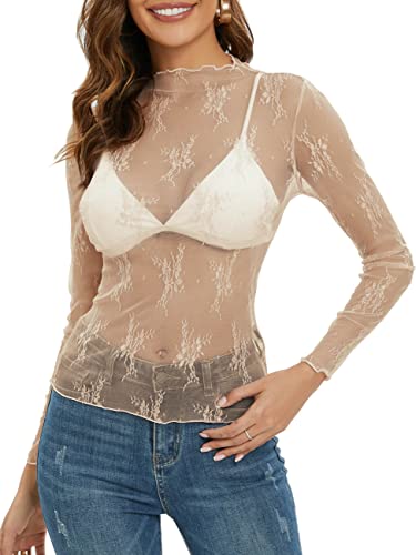 MEROKEETY 2024 Womens Mesh Sheer Long Sleeve Layering Top Y2k Mock Neck Lace Floral See Through Shirt Blouses Lightkhaki Large