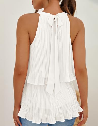 ZESICA Women's 2024 Summer Halter Tank Tops Casual Sleeveless Ruffle Tiered Layered Chiffon Flowy Blouse Shirts,White,X-Large