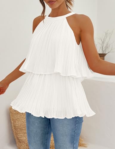 ZESICA Women's 2024 Summer Halter Tank Tops Casual Sleeveless Ruffle Tiered Layered Chiffon Flowy Blouse Shirts,White,X-Large
