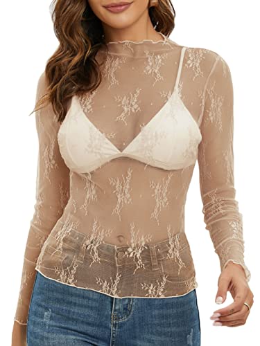 MEROKEETY 2024 Womens Mesh Sheer Long Sleeve Layering Top Y2k Mock Neck Lace Floral See Through Shirt Blouses Lightkhaki Large