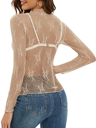 MEROKEETY 2024 Womens Mesh Sheer Long Sleeve Layering Top Y2k Mock Neck Lace Floral See Through Shirt Blouses Lightkhaki Large