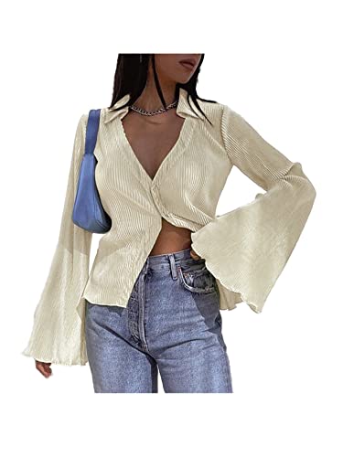 LYANER Women's Deep V Neck Button Front Bell Long Sleeve Blouse Shirt Top Beige Large