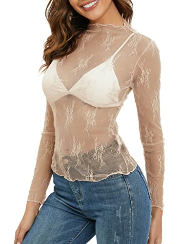 MEROKEETY 2024 Womens Mesh Sheer Long Sleeve Layering Top Y2k Mock Neck Lace Floral See Through Shirt Blouses Lightkhaki Large