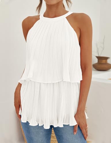 ZESICA Women's 2024 Summer Halter Tank Tops Casual Sleeveless Ruffle Tiered Layered Chiffon Flowy Blouse Shirts,White,X-Large