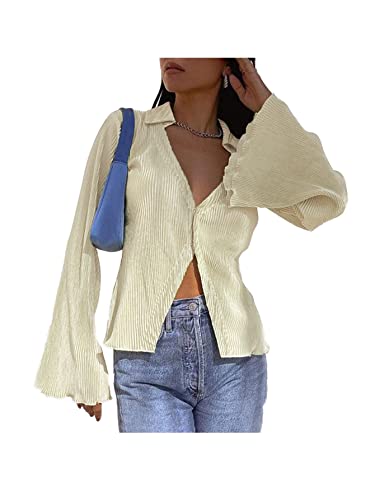 LYANER Women's Deep V Neck Button Front Bell Long Sleeve Blouse Shirt Top Beige Large