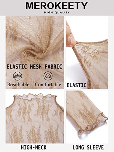 MEROKEETY 2024 Womens Mesh Sheer Long Sleeve Layering Top Y2k Mock Neck Lace Floral See Through Shirt Blouses Lightkhaki Large