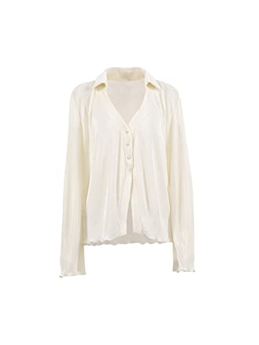 LYANER Women's Deep V Neck Button Front Bell Long Sleeve Blouse Shirt Top Beige Large