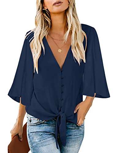 luvamia Women's V Neck Tops Ruffle 3/4 Sleeve Tie Knot Blouses Button Down Shirts, Dark Blue Button Down Shirts Size M