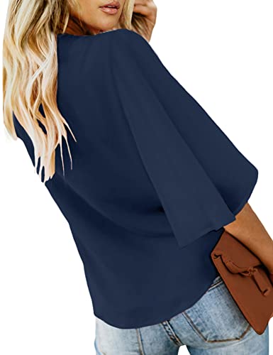 luvamia Women's V Neck Tops Ruffle 3/4 Sleeve Tie Knot Blouses Button Down Shirts, Dark Blue Button Down Shirts Size M