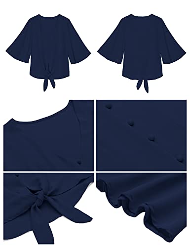 luvamia Women's V Neck Tops Ruffle 3/4 Sleeve Tie Knot Blouses Button Down Shirts, Dark Blue Button Down Shirts Size M