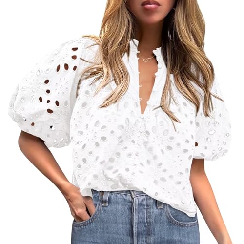 Eyelet Tops for Women Summer Tops, Eyelet Blouses for Women Hollow Out Lace Top Embroidered Blouse, V Neck Button Puff Sleeve White
