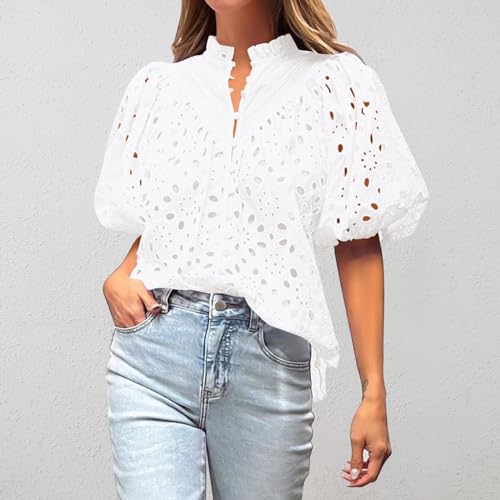 Eyelet Tops for Women Summer Tops, Eyelet Blouses for Women Hollow Out Lace Top Embroidered Blouse, V Neck Button Puff Sleeve White