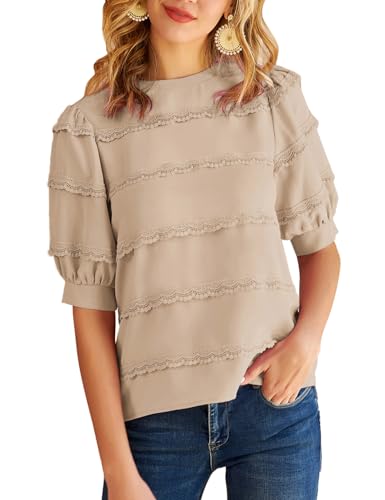 Women's Vintage Puff Sleeve Blouse Elegant Lace Patchwork Keyhole Casual Shirt Tops Light Apricot Large