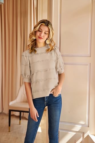 Women's Vintage Puff Sleeve Blouse Elegant Lace Patchwork Keyhole Casual Shirt Tops Light Apricot Large