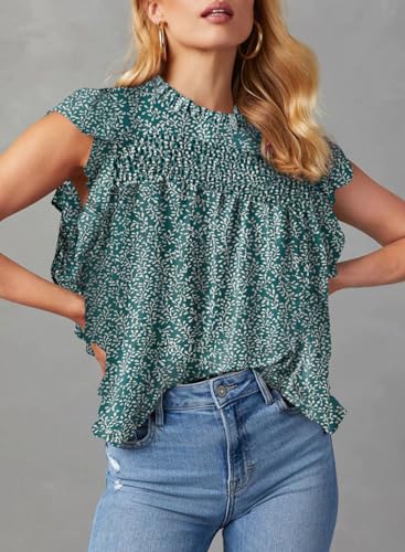 Dokotoo Fashion Crewneck Blouses for Women Ruffle Cap Sleeve Relaxed Baggy T-Shirts 2024 Ladies Tops and Blouses Dressy Casual Flowy Smocked Floral Print Babydoll Shirts for Women Green Medium