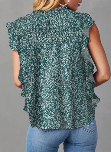 Dokotoo Fashion Crewneck Blouses for Women Ruffle Cap Sleeve Relaxed Baggy T-Shirts 2024 Ladies Tops and Blouses Dressy Casual Flowy Smocked Floral Print Babydoll Shirts for Women Green Medium