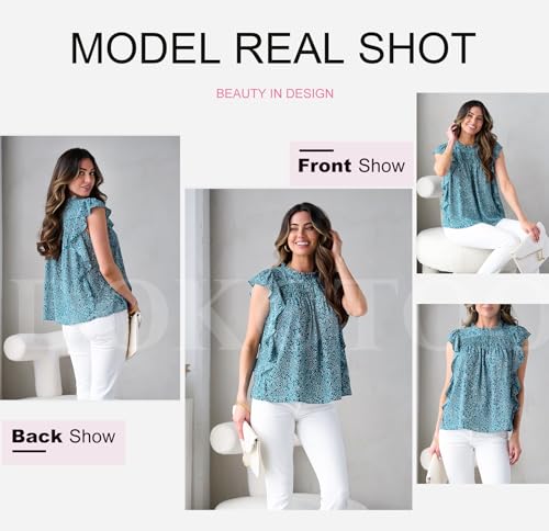 Dokotoo Fashion Crewneck Blouses for Women Ruffle Cap Sleeve Relaxed Baggy T-Shirts 2024 Ladies Tops and Blouses Dressy Casual Flowy Smocked Floral Print Babydoll Shirts for Women Green Medium