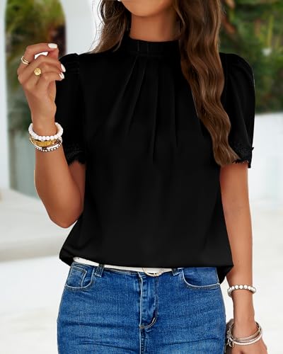 BTFBM Women's Dressy Casual Blouses Business Work Tops Lace Trim Short Sleeve Office Shirts 2024 Summer Spring Outfits(Solid Black, Small)