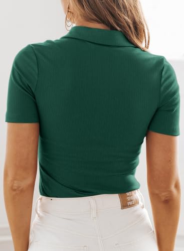 Dokotoo Womens Summer Tops Polo Shirts Short Sleeve Collar V Neck Basic Trendy Slim Fit Button Down Shirts Tunic Tops Ribbed Knit Casual Business Work Blouses Tshirt Green X-Large