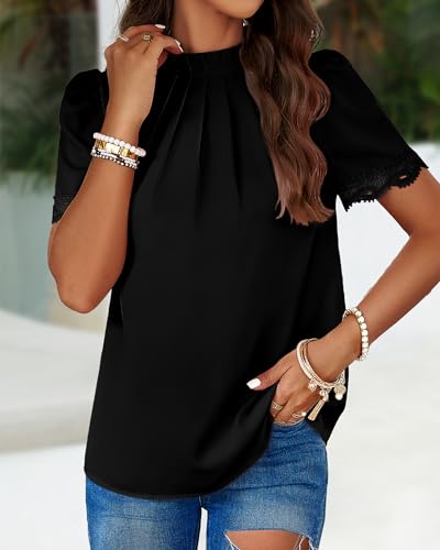 BTFBM Women's Dressy Casual Blouses Business Work Tops Lace Trim Short Sleeve Office Shirts 2024 Summer Spring Outfits(Solid Black, Small)