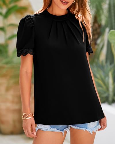 BTFBM Women's Dressy Casual Blouses Business Work Tops Lace Trim Short Sleeve Office Shirts 2024 Summer Spring Outfits(Solid Black, Small)