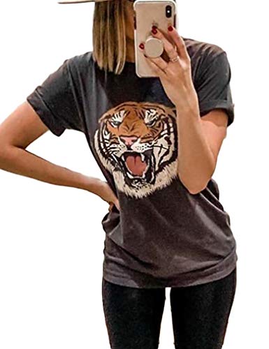 Tiger Printed Tshirts,Womens Summer Crewneck Graphic Tee Short Sleeve Shirt Blouse Tops (XL, 03 Smock Gray)