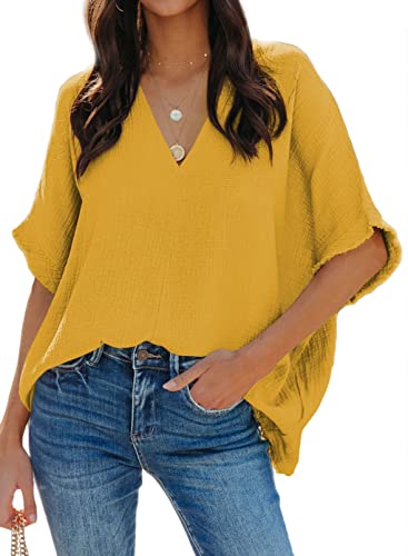 Dokotoo Summer Tops for Women 2024 Solid Spring V Neck Frayed Edges Batwing Half Sleeve Shirts Loose Fit Textured Fabrication Blouse Tops Yellow XL