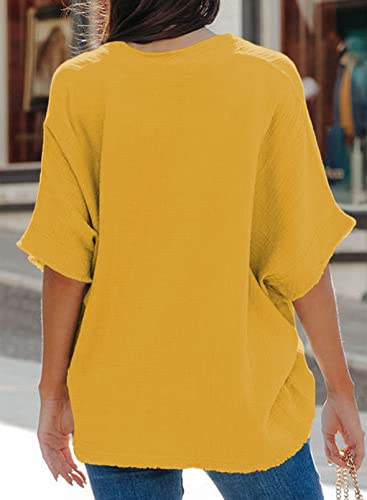 Dokotoo Summer Tops for Women 2024 Solid Spring V Neck Frayed Edges Batwing Half Sleeve Shirts Loose Fit Textured Fabrication Blouse Tops Yellow XL