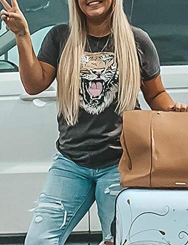Tiger Printed Tshirts,Womens Summer Crewneck Graphic Tee Short Sleeve Shirt Blouse Tops (XL, 03 Smock Gray)