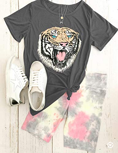 Tiger Printed Tshirts,Womens Summer Crewneck Graphic Tee Short Sleeve Shirt Blouse Tops (XL, 03 Smock Gray)