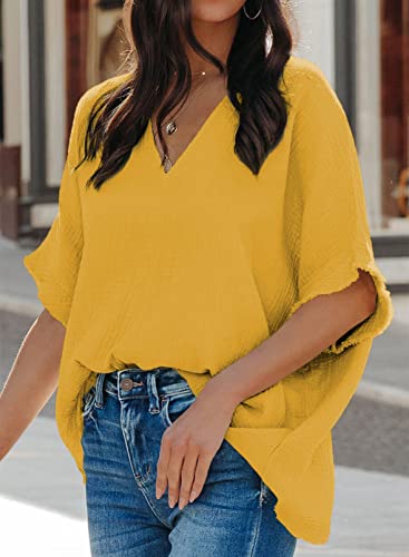 Dokotoo Summer Tops for Women 2024 Solid Spring V Neck Frayed Edges Batwing Half Sleeve Shirts Loose Fit Textured Fabrication Blouse Tops Yellow XL