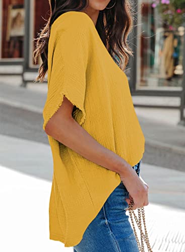 Dokotoo Summer Tops for Women 2024 Solid Spring V Neck Frayed Edges Batwing Half Sleeve Shirts Loose Fit Textured Fabrication Blouse Tops Yellow XL