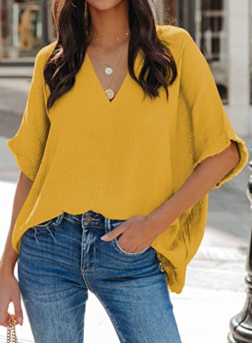 Dokotoo Summer Tops for Women 2024 Solid Spring V Neck Frayed Edges Batwing Half Sleeve Shirts Loose Fit Textured Fabrication Blouse Tops Yellow XL