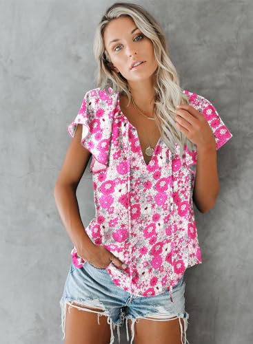 SimpleFun Woman Summer Tops Boho Print V Neck Short Sleeve Loose Blouses Shirts Tops (Floral18,S)