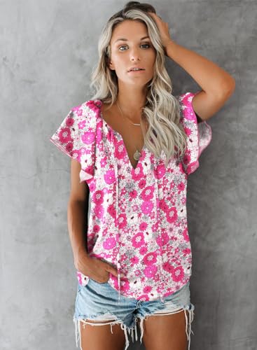 SimpleFun Woman Summer Tops Boho Print V Neck Short Sleeve Loose Blouses Shirts Tops (Floral18,S)