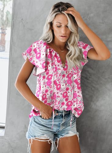 SimpleFun Woman Summer Tops Boho Print V Neck Short Sleeve Loose Blouses Shirts Tops (Floral18,S)